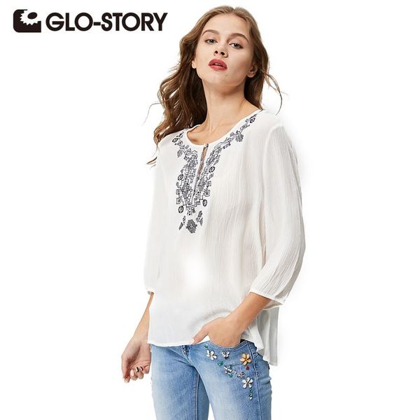 

women's blouses & shirts glo-story women white embroidery blouse 2021 long sleeve chiffon fashion retro comfortable blusas 1635