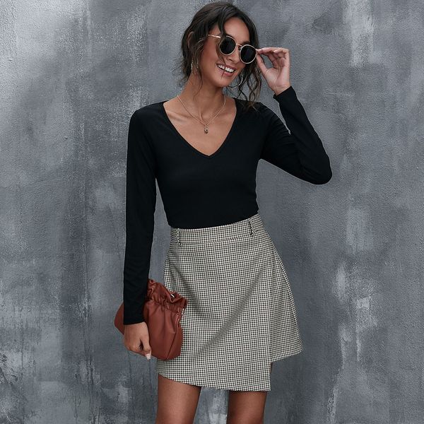 

plaid womens dress fashion stitching design slim fit a- line skirt, Black;gray