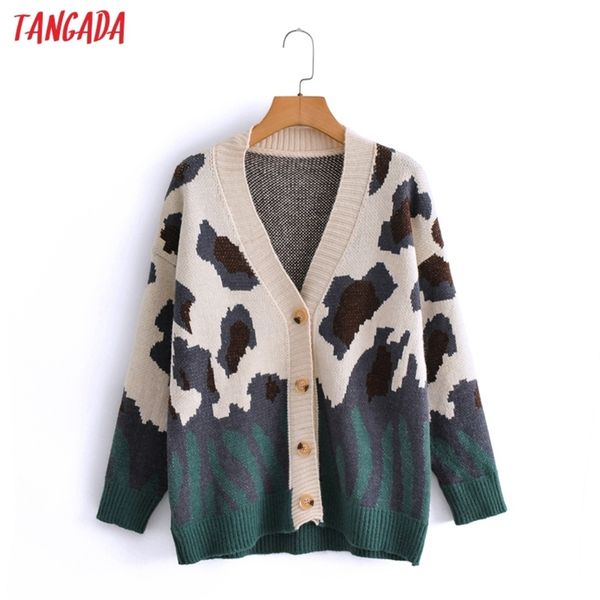 Tangada Autunno Donna Verde Leopardo Stampa Cardigan lavorato a maglia Maglione Maglione Vintage Manica lunga Abbottonatura Capispalla femminile 3A5 211018