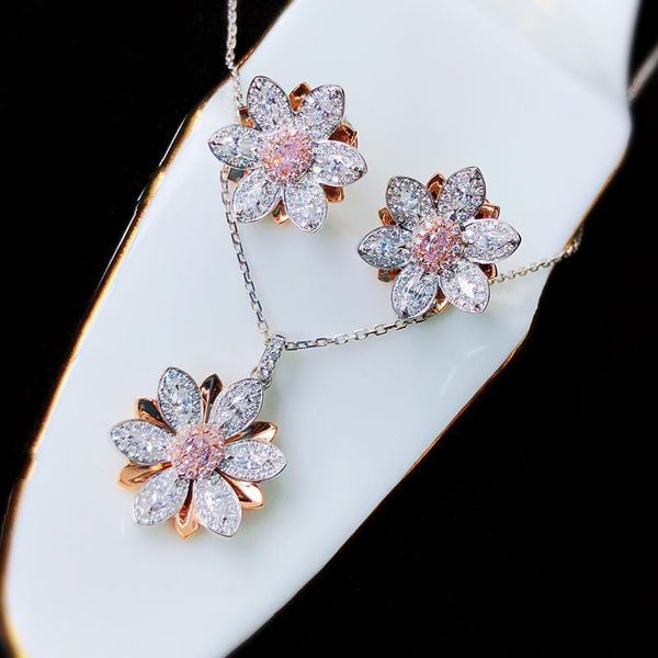

earrings & necklace fashion flower jewelry sets elegant lotus pendant inlay zircon s925 stud women's wedding ring are unusual, Silver