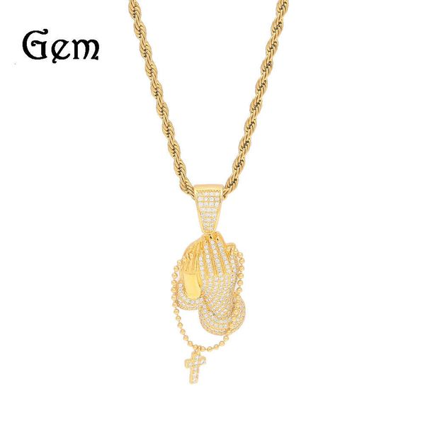 

hip hop new style holding rosary cross praying hand micro inlaid zircon personalized rap dj nightclub accessories, Silver