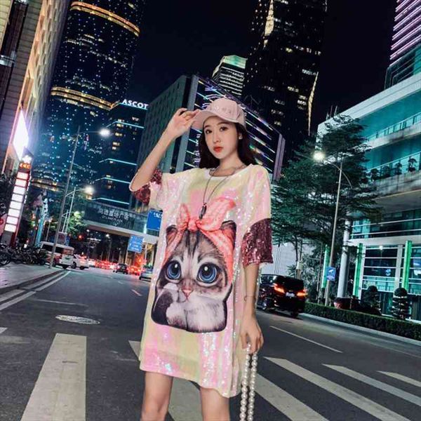 

summer designer black runway womens dresses print sequins 3d cartoon mini short sleeve loose long t shirt, Black;gray