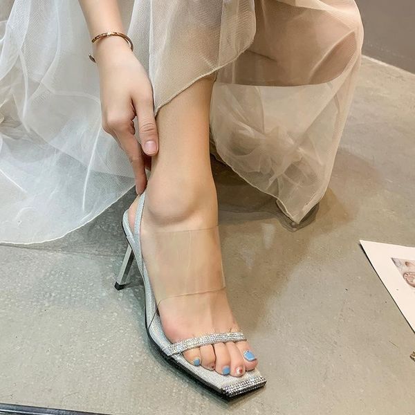 

heel women's word bring silver rhinestone toe heel sandals woman 2021 shoes, Black