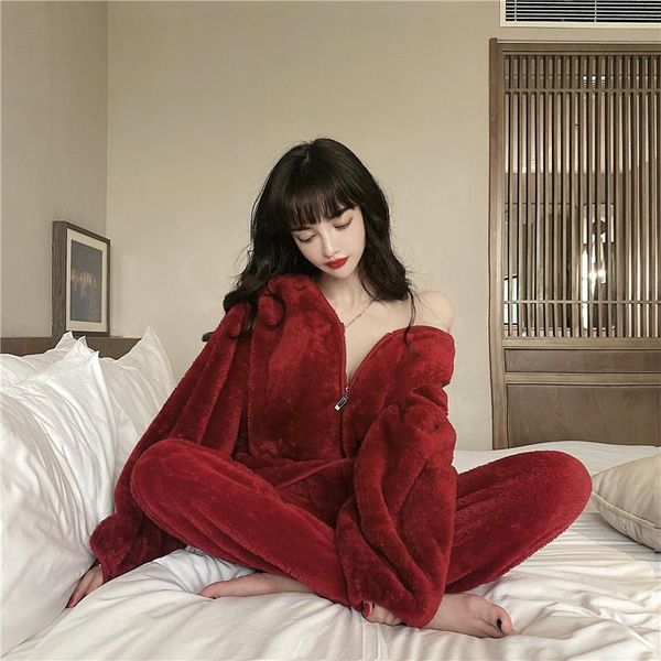 

real price 2021 new pajamas women's coral fleece warm thickened festive red home clothes flannel suit, Black;brown
