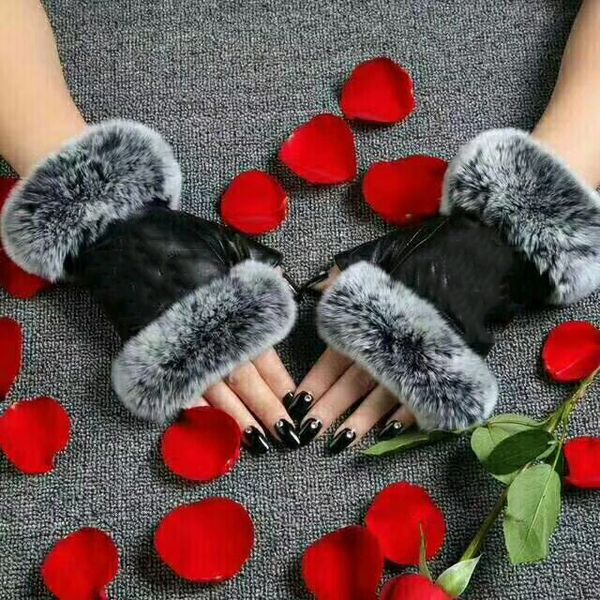 Кожаные перчатки из половины пальцев для женщин осенью и зимний кролик мех флис кожа теплые пять пальцев перчатка