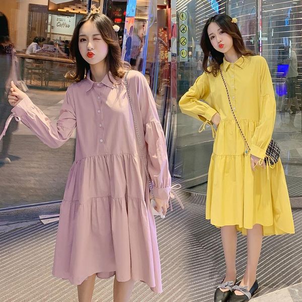

maternity dresses 8229# dress spring autumn cotton long sleeves solid color loose stylish for pregnant women mom, White