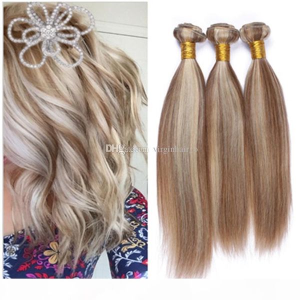 

9a brown blonde ombre brazilian hair extensions silky straight 3pcs lot two tone 8 613 mix piano color 100% human hair weave bundles, Black