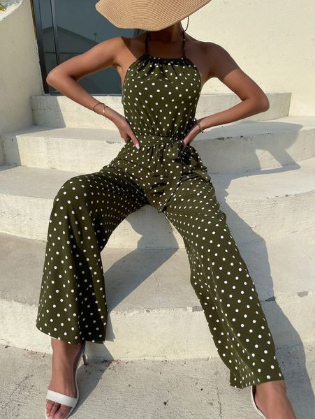 

polka dot backless belted jumpsuit q3nw#, White