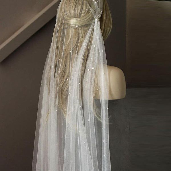 

bridal veils elegant white ivory elbow length one-layer wedding veil pearls beaded tull for bride bridesmaids accessories, Black