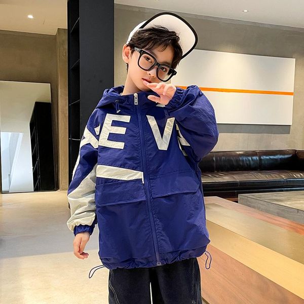

jackets 2021 autumn fashio boy solid color hooded jacket kids casual sport zipped hoodies children letter windbreaker teen outerwear, Blue;gray