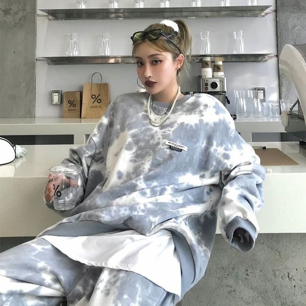 

female sports suit tie-dye mid-length sweatshirt slimming 2021 autumn and winter pants set of two pieces 2glz, Gray