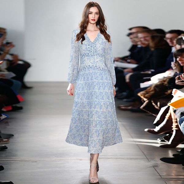 

v-neck lantern sleeves long sleeve heavy industry beads cinched pleated printed swing long formal dress 2021 early autumn, Black;gray