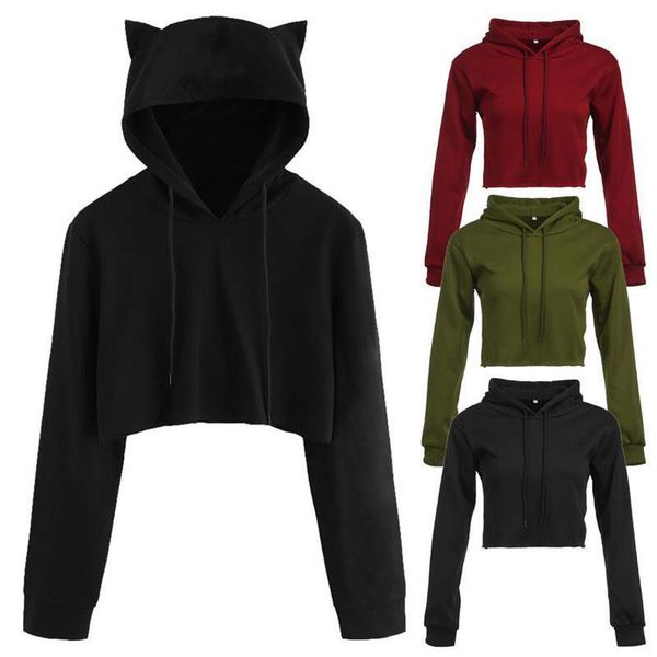

fashion ladies women cat ear hoodie long sleeve casual pullovers sweatshirts cool girl drop shipping, Black
