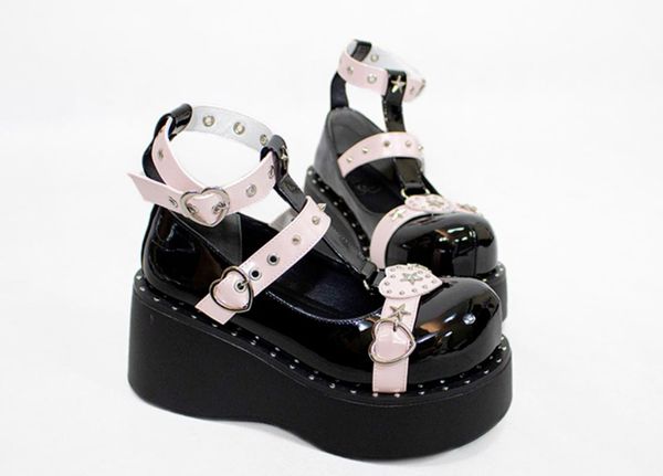 

dress shoes women lolita rivet belt buckle heart round toe gothic punk pumps platform wedge heel creepers japanese harajuku dark a01, Black