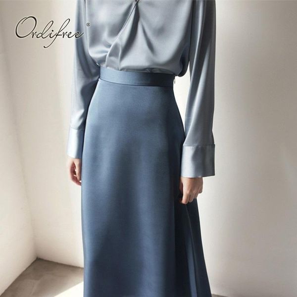 

skirts ordi2021 summer women satin long skirt high waist vintage office lady work silk, Black