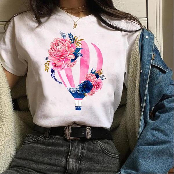 

women clothes lady graphic mujer camisetas balloon 90s trend floral print tees female t shirt womens t shirt, White