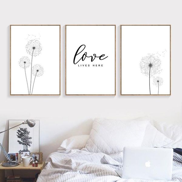 

paintings nordic minimalist black white poster dandelion print love quote canvas painting scandinavian art picture modern home decor al078