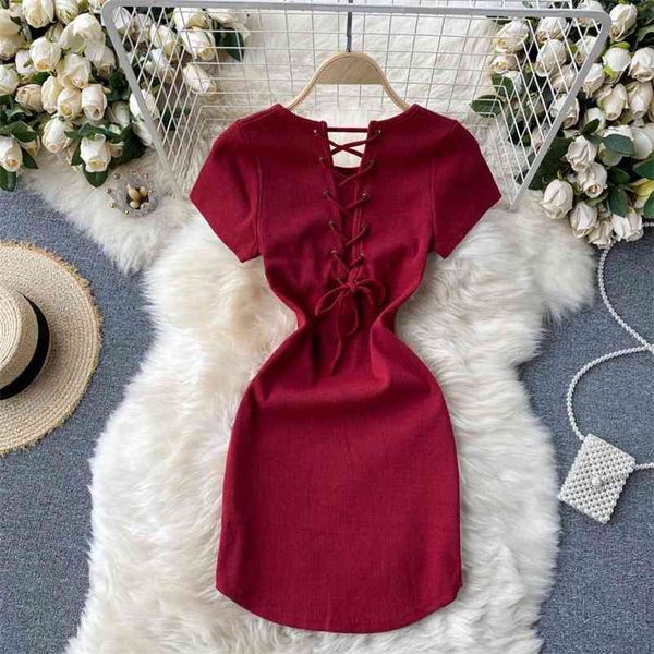 

women lace up vintage open back buttocks dress short sleeve round collar waist slim fashion spring summer 11b529 210525, Black;gray