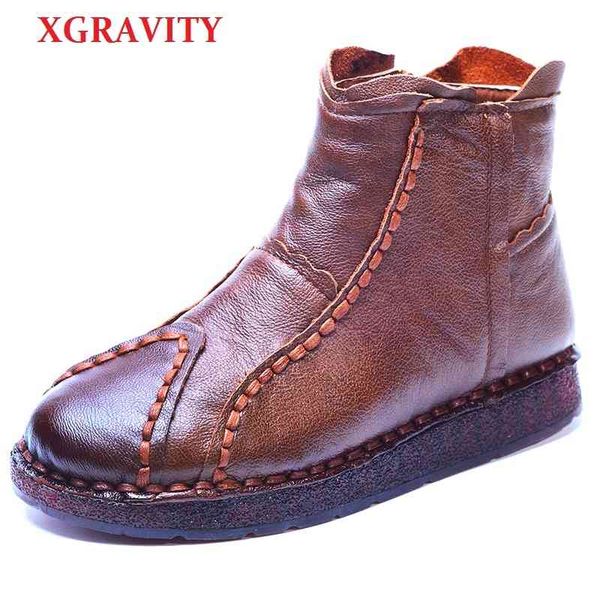 

xgravity reteo hand-made soft sole genuine leather ankle boots fashion cow leather women's flats short warm lady shoes a006 210429, Black