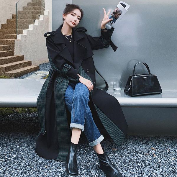 

women's trench coats long coat for autumn trencas clothes korea ladies windbreaker clothing, Tan;black