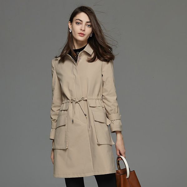 

2021 new long trench coat for women blue elegant slim ladies coats women's windbreaker outerwear abrigos wx99 o90u, Tan;black