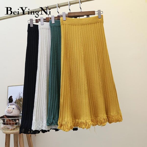

skirts beiyingni tassel knitted skirt for woman 2021 autumn winter high waist midi womens fashion chic street faldas femme, Black