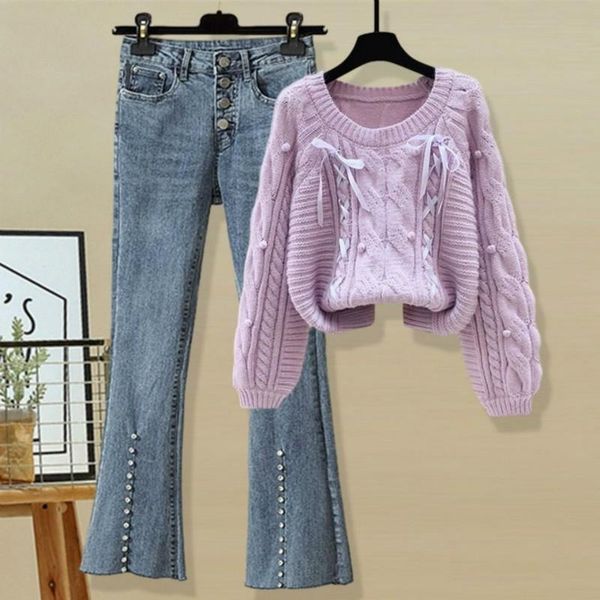 

2021 women autumn winter elegant suits lady lace up o-neck sweater + denim flare pant 2 piece sets female casual solid sets i149, White