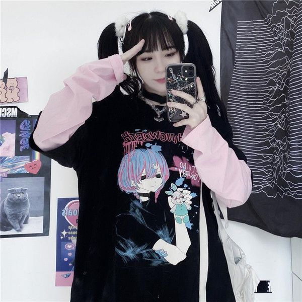 

autumn tshirt casual anime bunny print tee aesthetic loose t-shirts women long sleeve oversize streetwear gothic harajuku kawaii, White