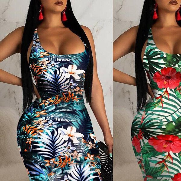 

2021 fashion womens ladies sleeveless summer boho printed beach casual loose sundress tight sling hawaiian dress, Black;gray