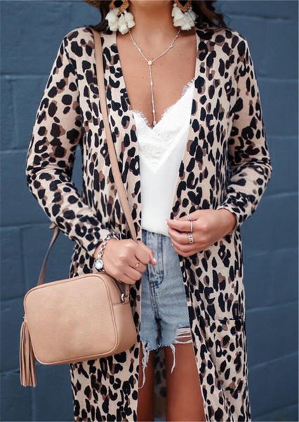 

women's trench coats leopard cardigan women summer autumn long sleeve cardigans 2021 fashion pocket casual loose female open stitch, Tan;black