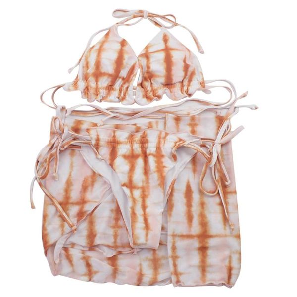 

women 3pcs bikini set leopard tie-dye triangle swimsuit with short sarong x3ua
