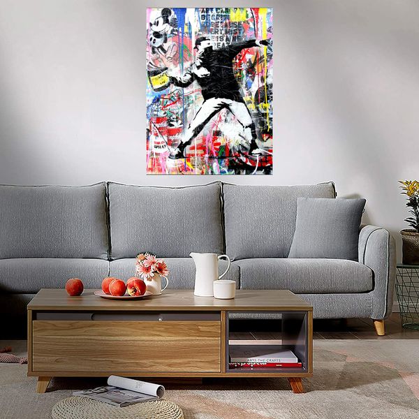 

brainwash + banksy thrower street art graffiti wall art decor oil painting on canvas large size wall art canvas picture 210224