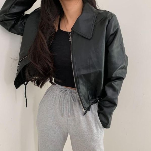 

women's jackets korean fashion zipper pu coats women 2021 solid long sleeve fall faux leather office lady cropped autumn, Black;brown