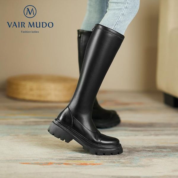 

boots knee-high shoes women thick heels black winter motorcycle cow leather waterproof platform velvet female shoewm-c17-c