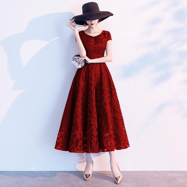 

ethnic clothing burgundy women banquet a-line dresses sweet embroidery flowers mid-length skirt bride wedding party gown vestidos de festa 3, Red