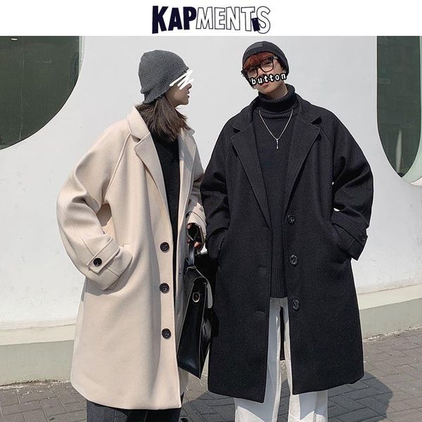 

men's wool & blends kapments men korean fashions solid trench coat 2021 mens casual harajuku vintage jackets coats couple winter slim j, Black