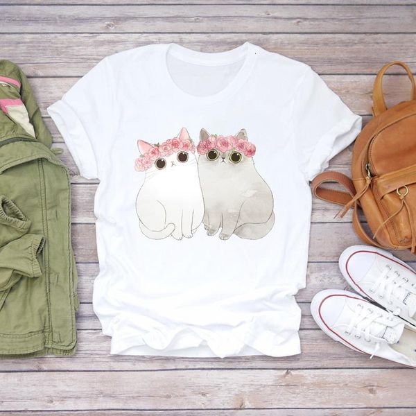 

women cartoon cat flower floral love kawaii 90s animal fashion print lady t-shirts womens graphic t shirt female tee t-shirt, White