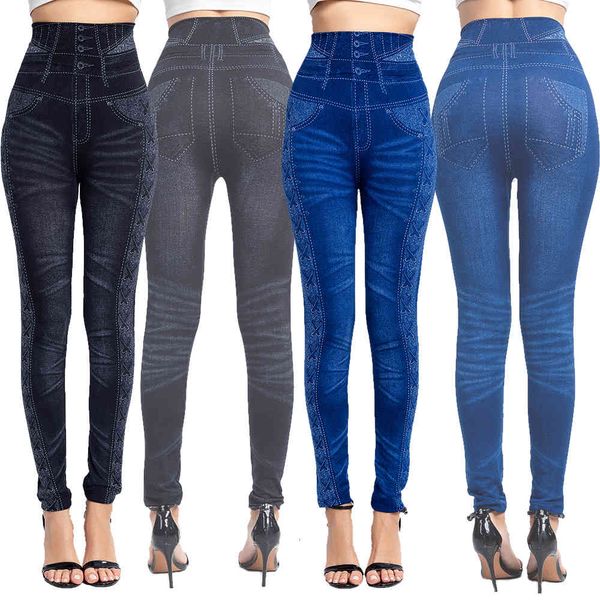 

legging women fleece winter joggings needless leggings 2021 lady fitness high taille faux jeans denim slender broek, Black