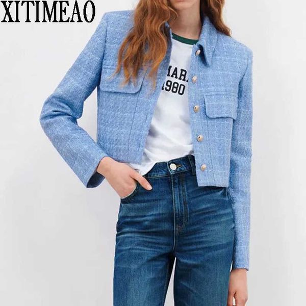 

za women fashion single breasted tweed check short blazers coat vintage long sleeve pockets female outerwear chic 210604, White;black