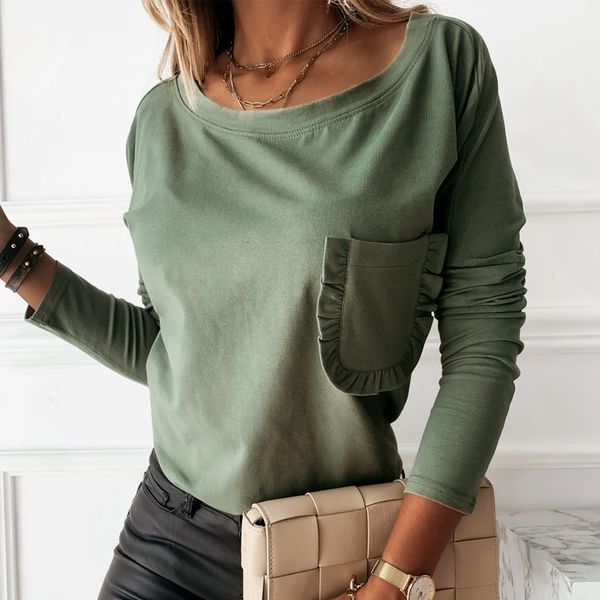 

2021 women basic blouse new fashion casual o-neck long sleeve ruffle pocket lady elegant simple loose elastic shirt autumn 5te5, White