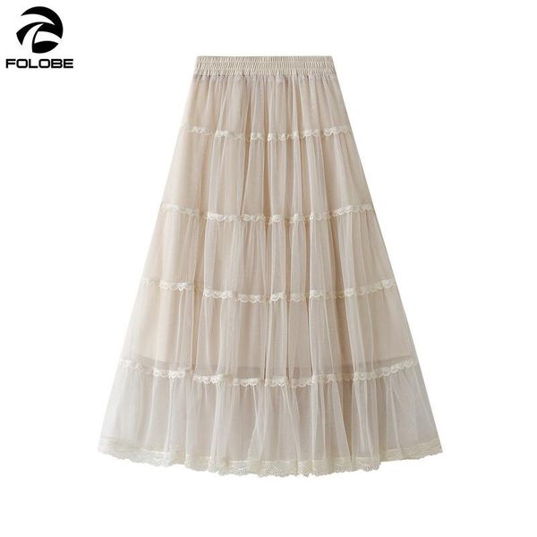 

skirts folobe 2021 spring summer women lace patchwork tiered mesh tulle a-line hight waist mid calf pleated fenale ladies, Black