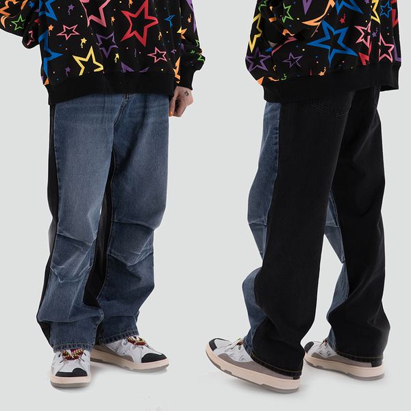 

2021 new high street color match desgastado lavado de brim masculino e feminino em linha reta retro harajuku casual denim calas soltas okwa, Blue