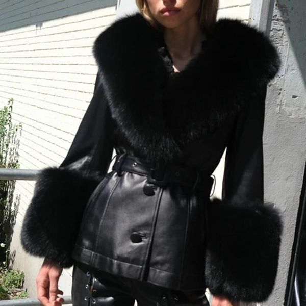 

women's leather & faux hadara fashion collected waisted high imitation coats women elegant buttons pu jackets short ladies, Black