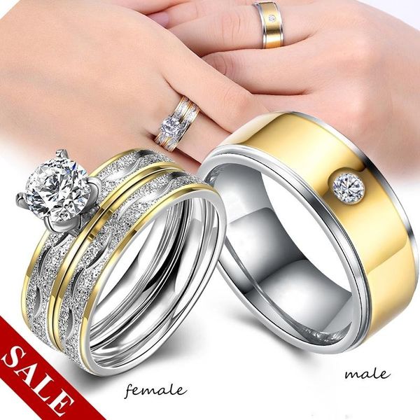 

wedding rings couple ring - women 1.5ct crystal engagement sets men simple fashion single gold for lover jewelry gifts, Slivery;golden