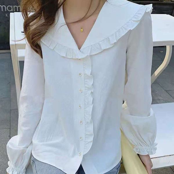 

2021 peter pan collar blouse women's floral button white ruffles long sleeve new shirt & la1w, Black