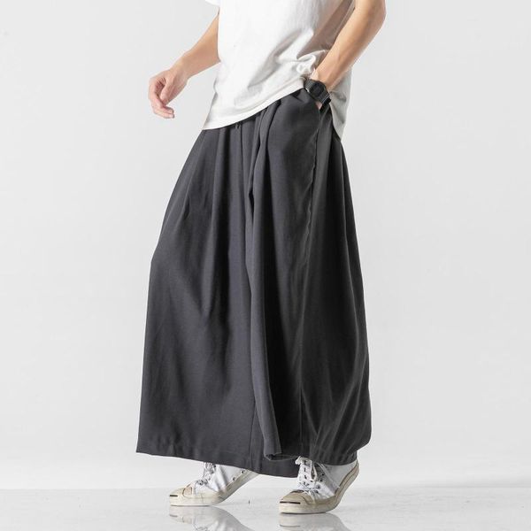 

men's pants japanese style oversized plain linen wide leg streetwear casual tai chi men straight, Black