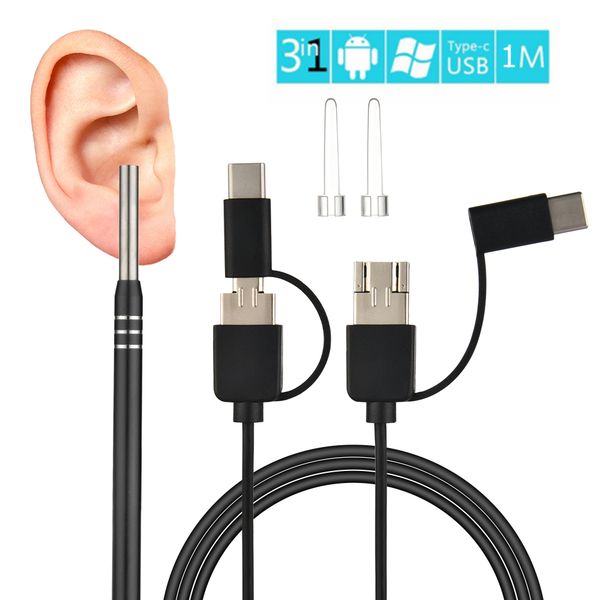 

3 in 1 ear endoscope hd visual otoscope ear pick 5.5mm luminous earpick mini camera android pc ear wax cleaning tool painless