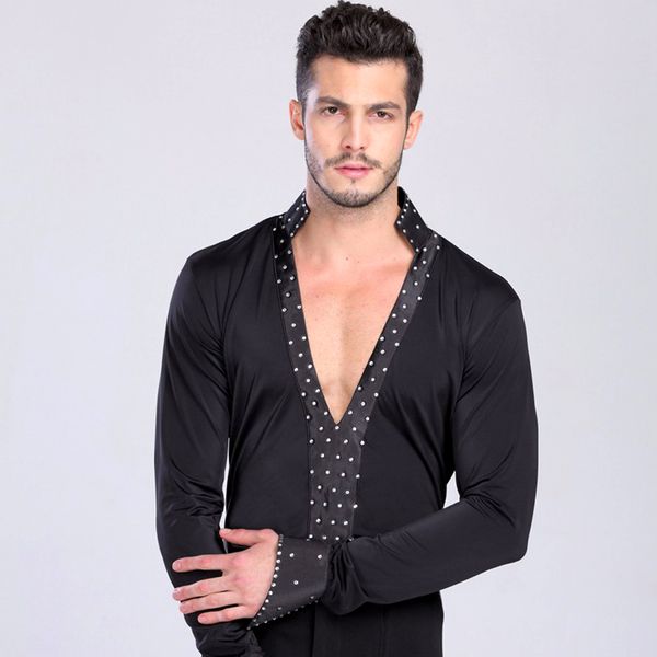

arrival ballroom dance set auger collar deep v-neck brocaded with men dance shirt dancewear dq15006, Black;red
