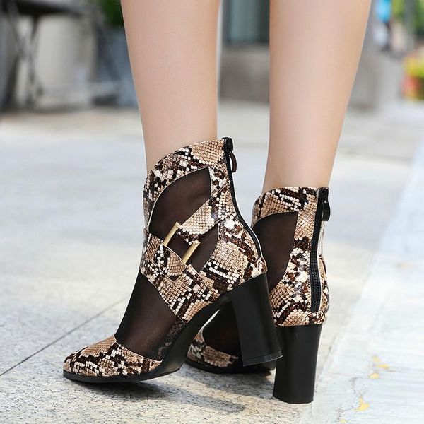 

women sandals belt buckle square heels shoes serpentine pointed toe breathable mesh shoes women platform soft leather boots, Black