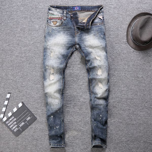 

men's ripped man-made patchwork jeans, retro, washed, hip hop. hq6g, Blue